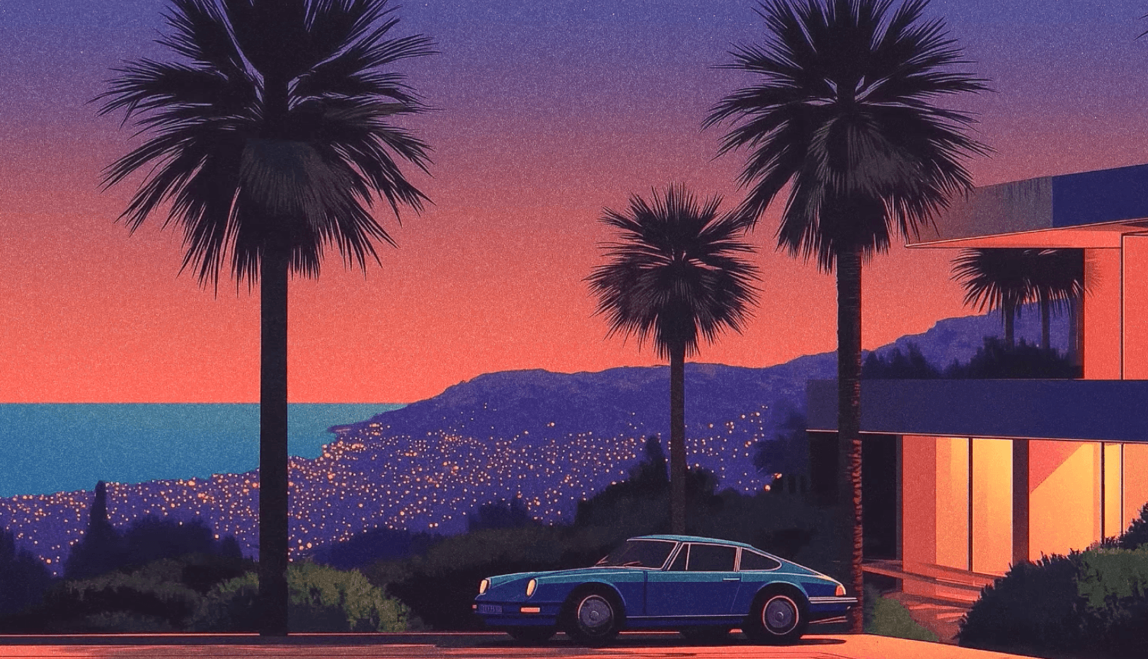 Sunset over a Mediterranean hillside with palm trees and a vintage coupe — Pebble's brand reference art.